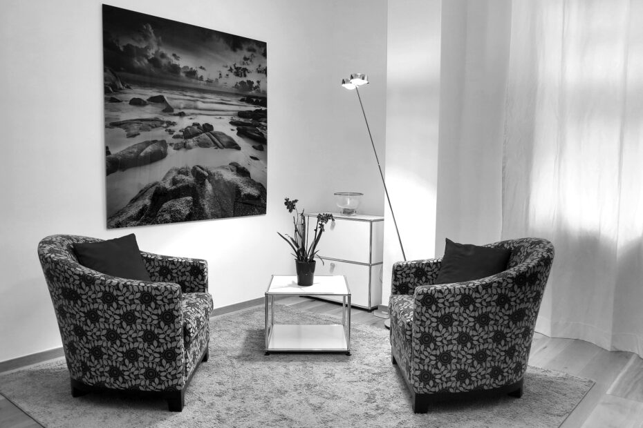 zdjęcie w odcieniach szarości. dwa niskie fotele zwrócone w swoją stronę. pomiędzy nimi mały stolik, dywan, doniczka z kwiatem, lampa i obraz krajobrazu nadmorskiego na ścianie